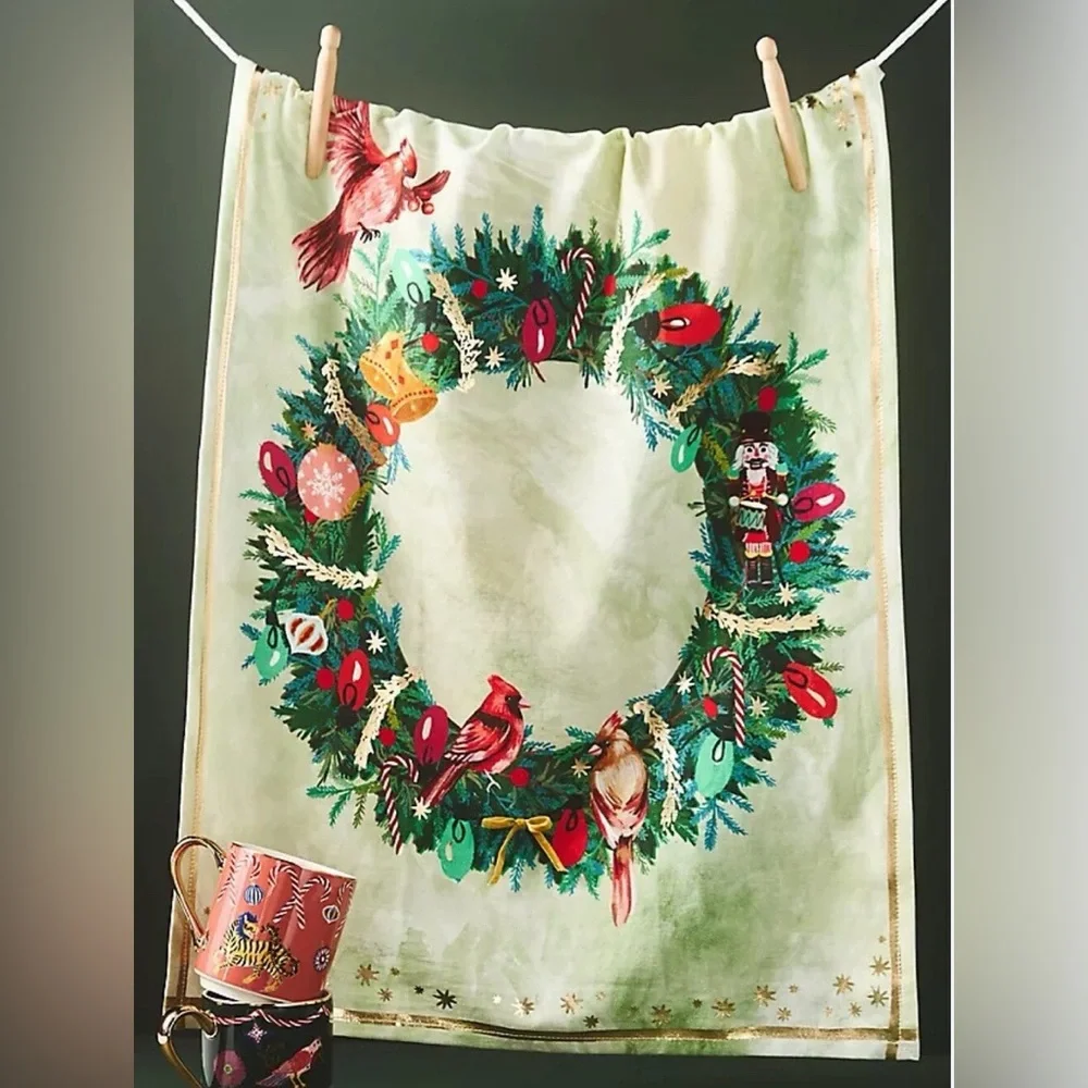 New Anthropologie Christmas Peck The Halls Fabric Dish Towel